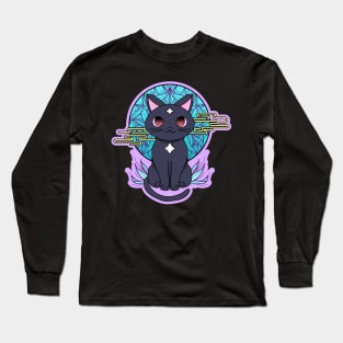 Cute anime black cat illustration with white stars. Cyberpunk manga cat. Long Sleeve T-Shirt